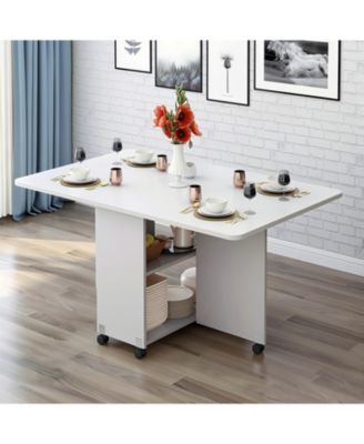 Folding Drop Leaf Dining Table with Wheels & Storage - White