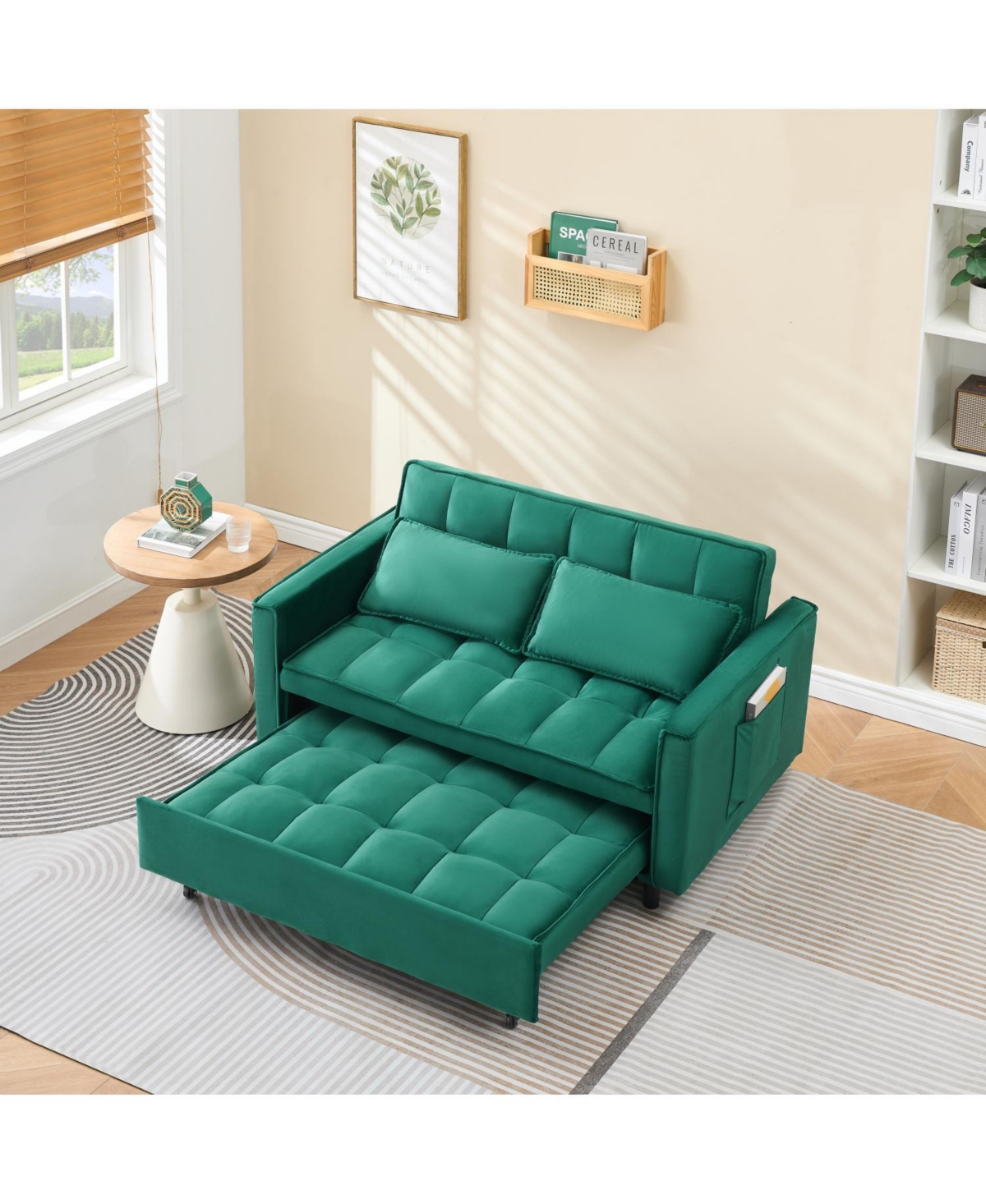 Streamdale Furniture 55" Green Velvet Sofa with Pockets & Convertible Design