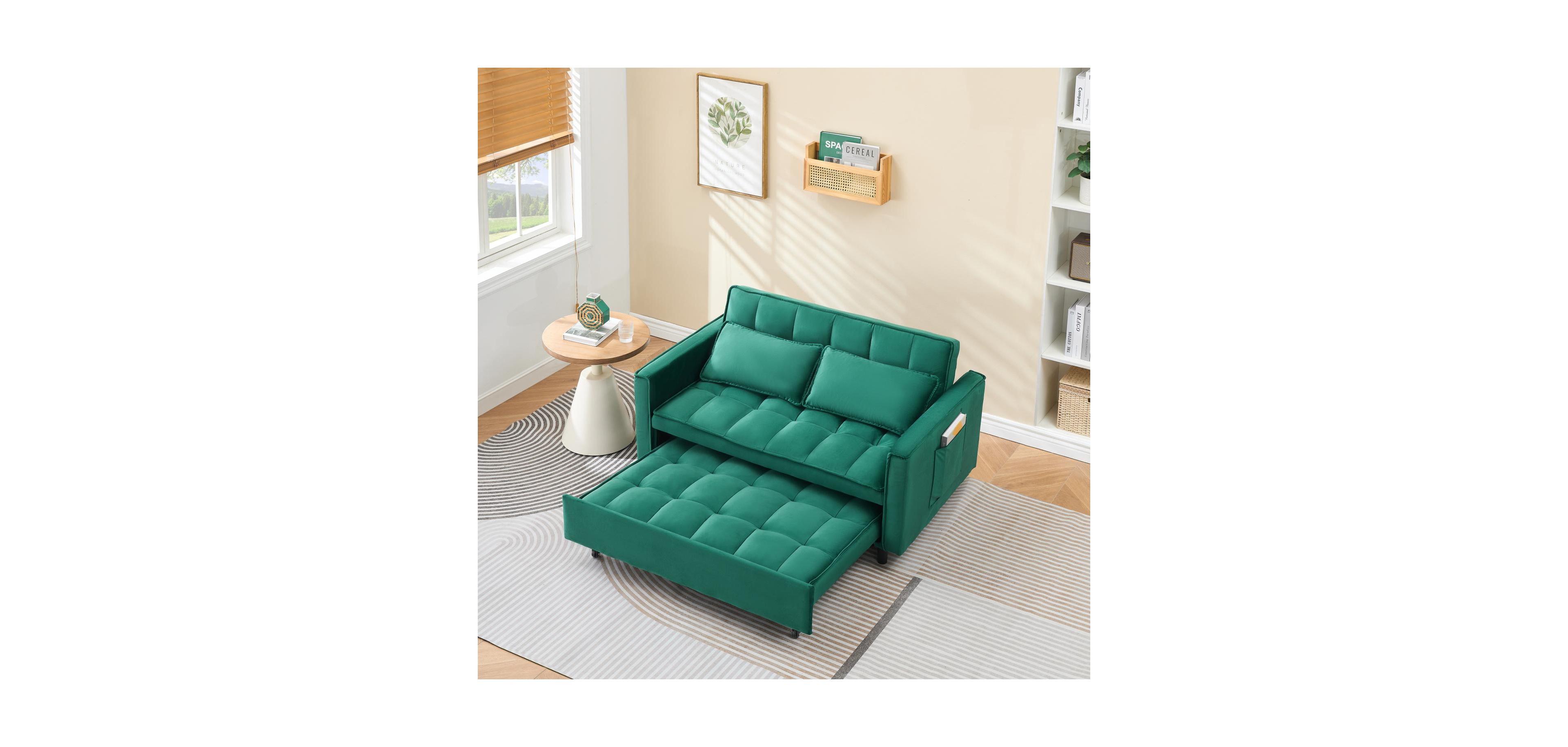 Streamdale Furniture 55" Green Velvet Sofa with Pockets & Convertible Design