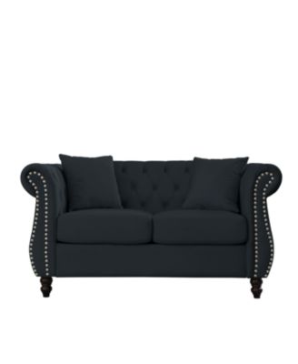 Black Velvet Chesterfield Sofa, 2 Seater, Tufted, Rolled Arms, Nailhead, 2 Pillows