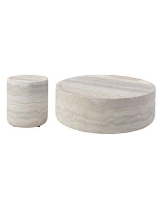  Faux Travertine Coffee Tables - Set of 2, Round, No Assembly