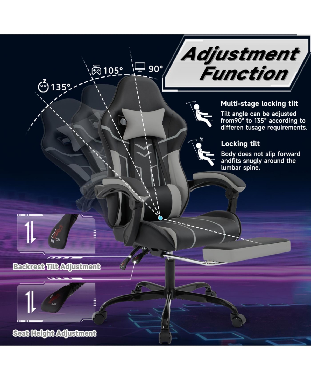 Streamdale Furniture Gaming chair with footrest and lumbar backrest