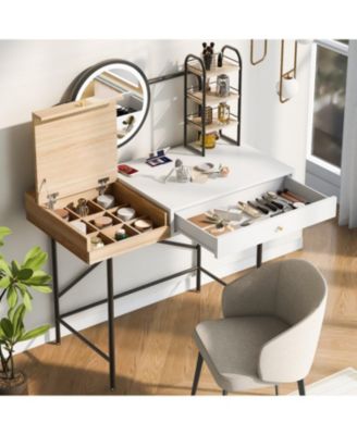 White Vanity Desk with Mirror, Charger, and Storage
