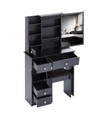 Slim Vanity with XL Sliding Mirror, Multi-Layer Storage, Cushioned Stool