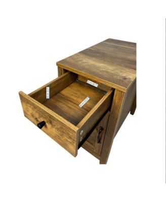 Farmhouse End Table with Storage and Charging Station, Drawer and Barn Door
