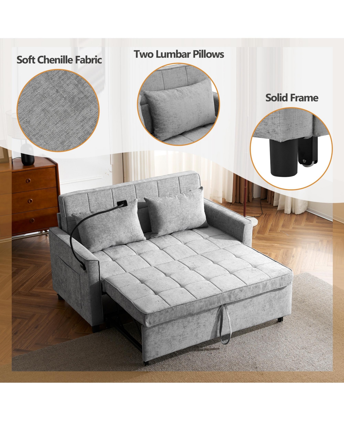 Streamdale Furniture Loveseat Sofa Bed with Reversible Backrest, Side Pockets, Usb Ports and Phone Holder