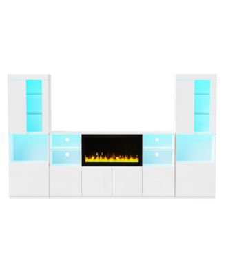 Modern TV Stand with Non-Heating Electric Fireplace, LED Lights, and Tempered Glass Shelves for up to 75" TVs