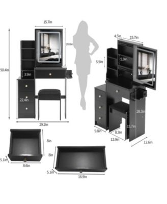 Multifunctional Bedside Vanity Table with - LED Mirror- Power Station- Hair Dryer Bracket- Cushioned Stool- Tri-Color Lighting