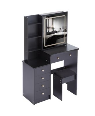 Vanity Table Set with Sliding Mirror, 2 AC+2 USB, Hair Dryer Stand