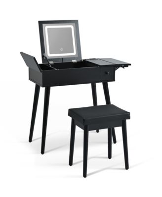 28" Black Vanity Desk with Flip-Top Mirror, LED Light, Charging Station, Drawers, and Stool