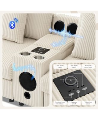 Streamdale Corduroy Sectional Sofa with Bluetooth, Console, USB Charger, Storage, Ottoman