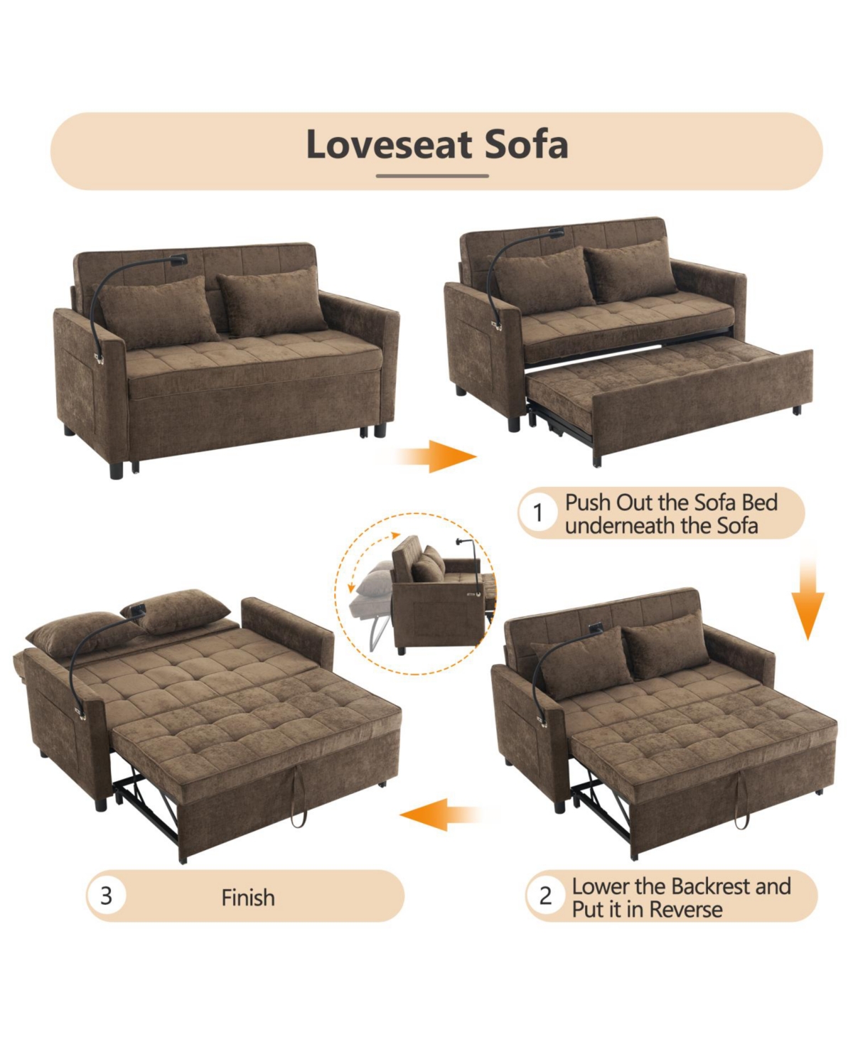 Streamdale Furniture Streamdale 56.9" Loveseat Sofa Bed with Reversible Cushion, Pockets, Usb Ports, and Phone Holder
