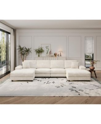 Streamdale Modern 4-Seat Convertible Sofa-Lounge Chair, U-Shape, Beige Corduroy Fabric