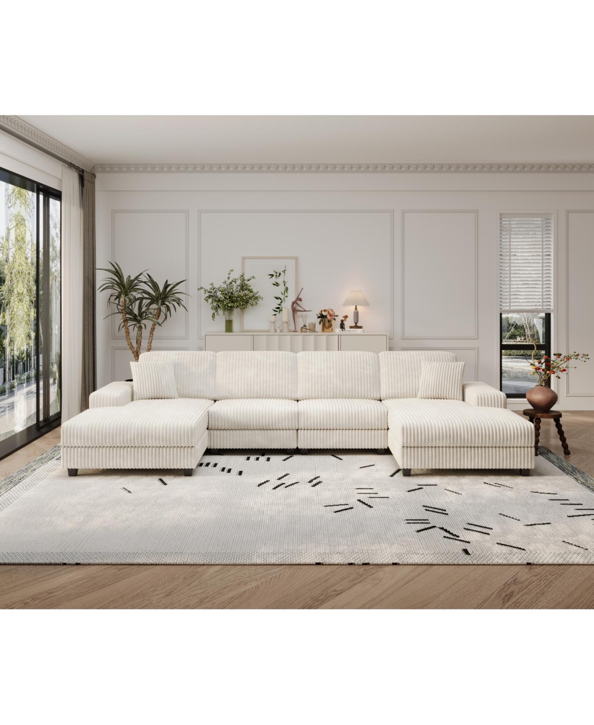 Streamdale Furniture Streamdale Modern 4-Seat Convertible Sofa-Lounge Chair, U-Shape, Beige Corduroy Fabric