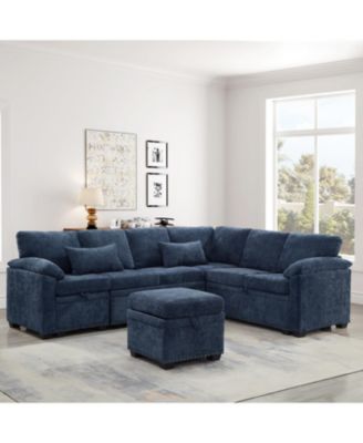 97" L-Shaped Chenille Sectional Sofa with Ottoman - Dark Blue