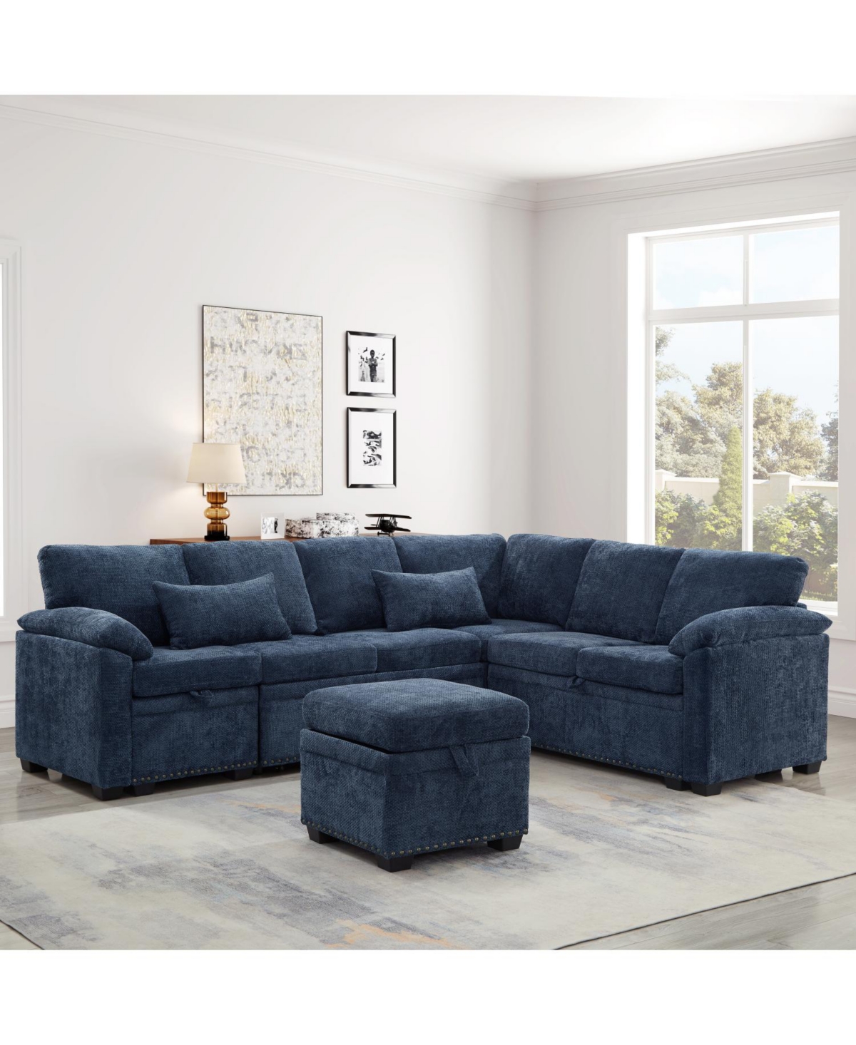 Streamdale Furniture 97" L-Shaped Chenille Sectional Sofa with Ottoman - Dark Blue