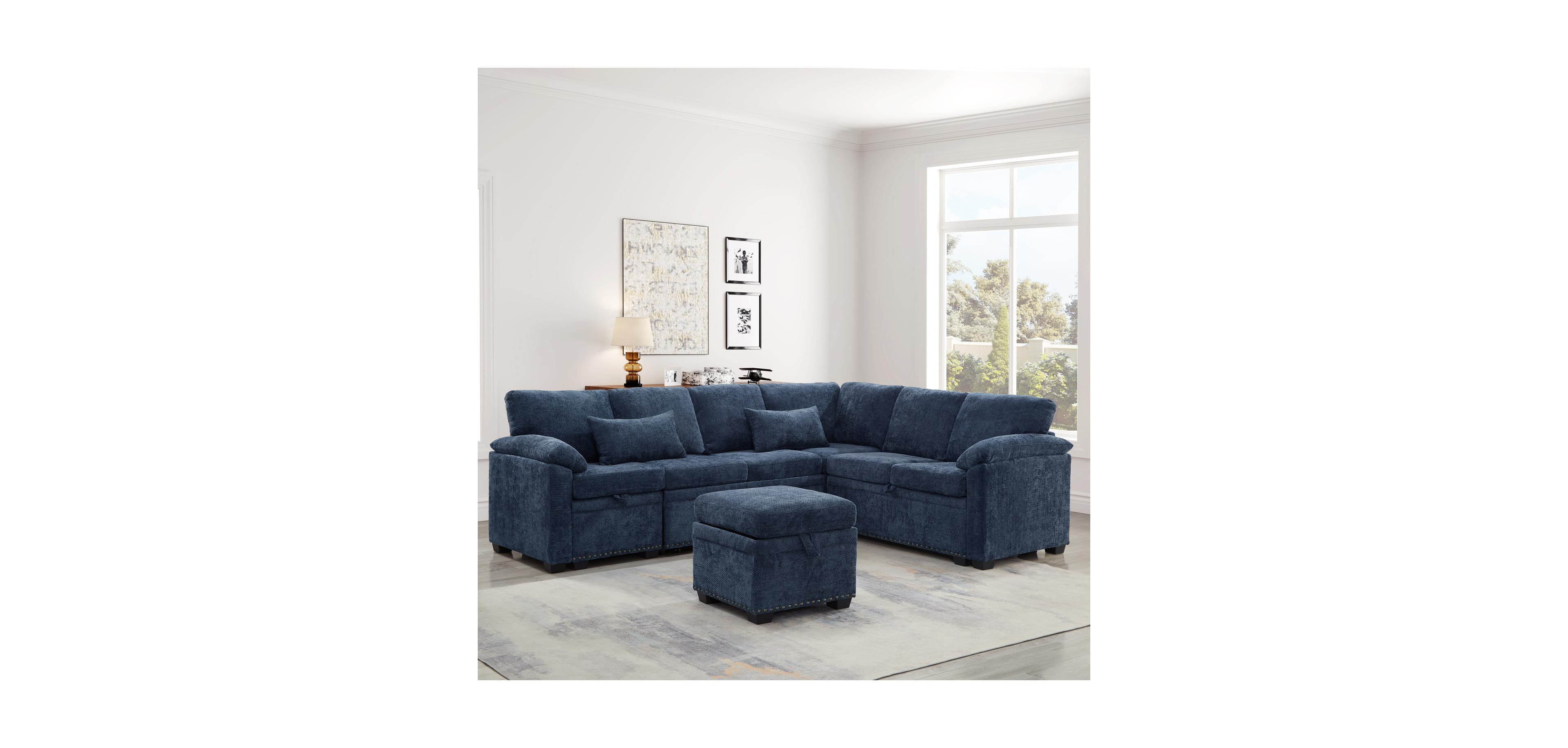 Streamdale Furniture 97" L-Shaped Chenille Sectional Sofa with Ottoman - Dark Blue