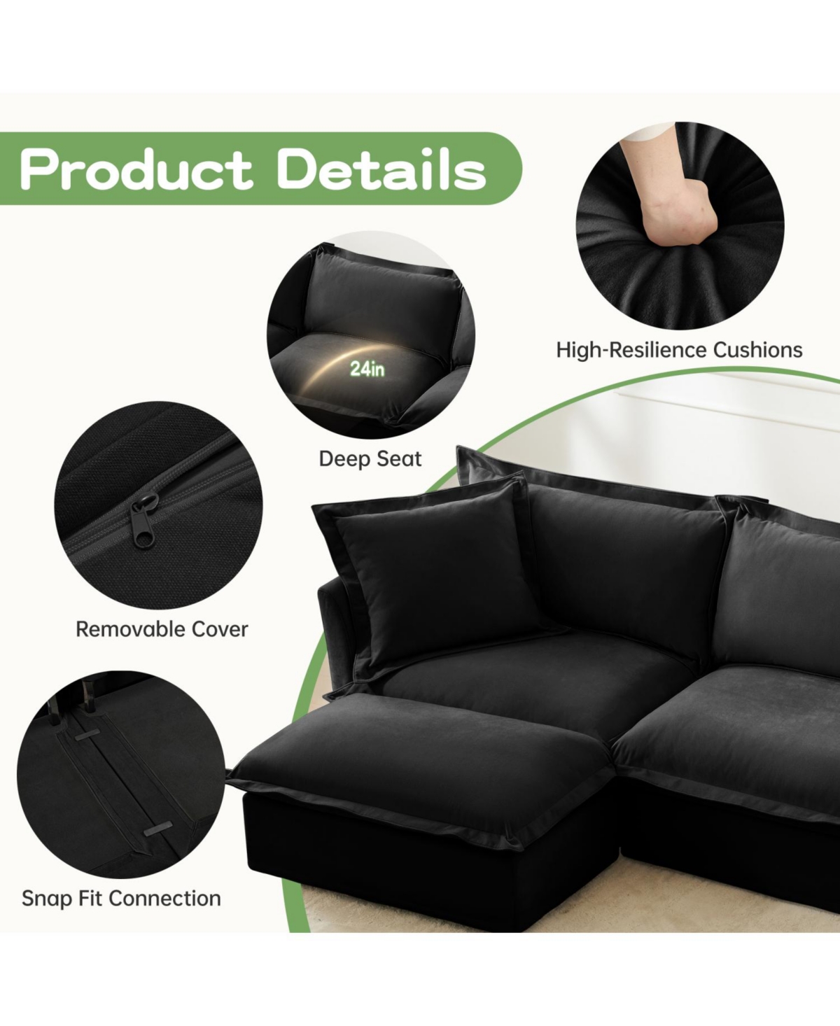 Streamdale Furniture Slipcovered L Shape Chenille Sectional Sofa Couch - Black