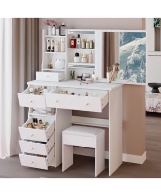 37" Vanity Table with Mirror Stool & Storage