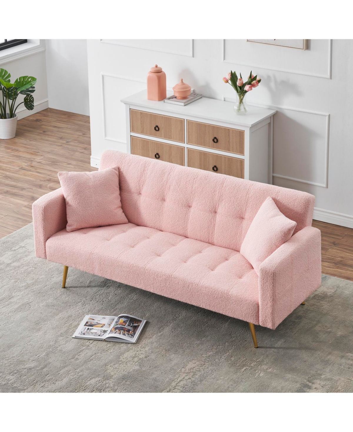 Streamdale Furniture 71.7 - inch Pink Teddy Fleece Sofa Bed with Two Complimentary Throw Pillows