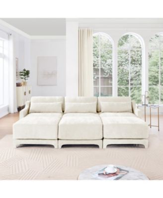 Beige Chenille 3-Seater Sofa with Ottomans