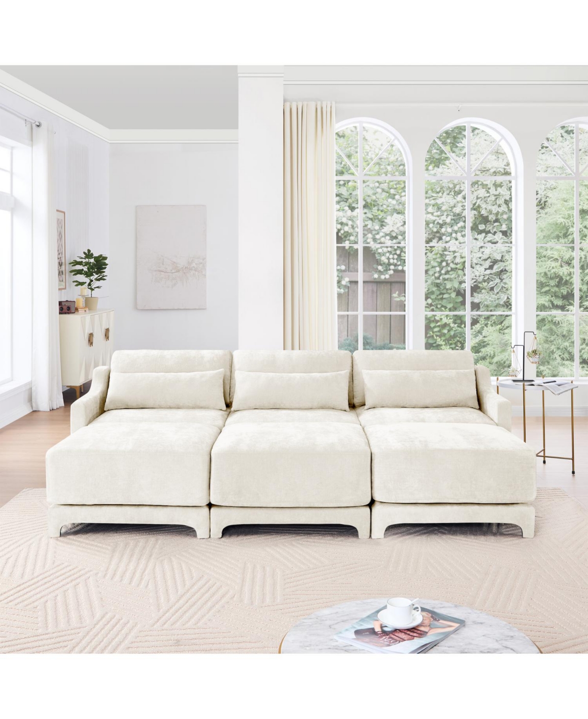 Streamdale Furniture Beige Chenille 3-Seater Sofa with Ottomans