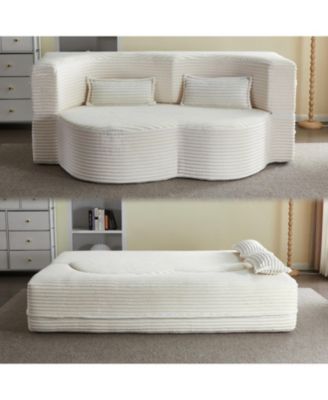 Convertible Corduroy Floor Sofa Bed with Pillows - Beige