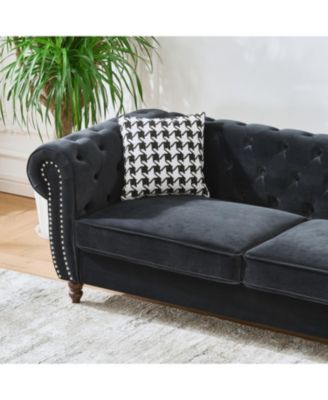 87" Chesterfield Velvet Sofa, Roll Arm, Nailhead Trim, 3 Seater