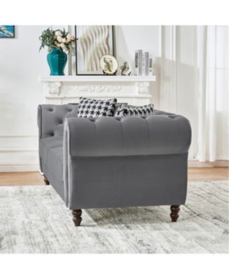 Streamdale Chesterfield Velvet Sofa Set, Roll Arm, Nailhead Trim, Gray