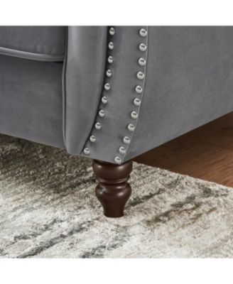  Chesterfield Velvet Sofa Set, Roll Arm, Nailhead Trim, Mid-Century Modern, Gray