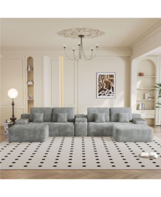  150" Sectional Sofa with 2 Ottomans, Light Grey Corduroy