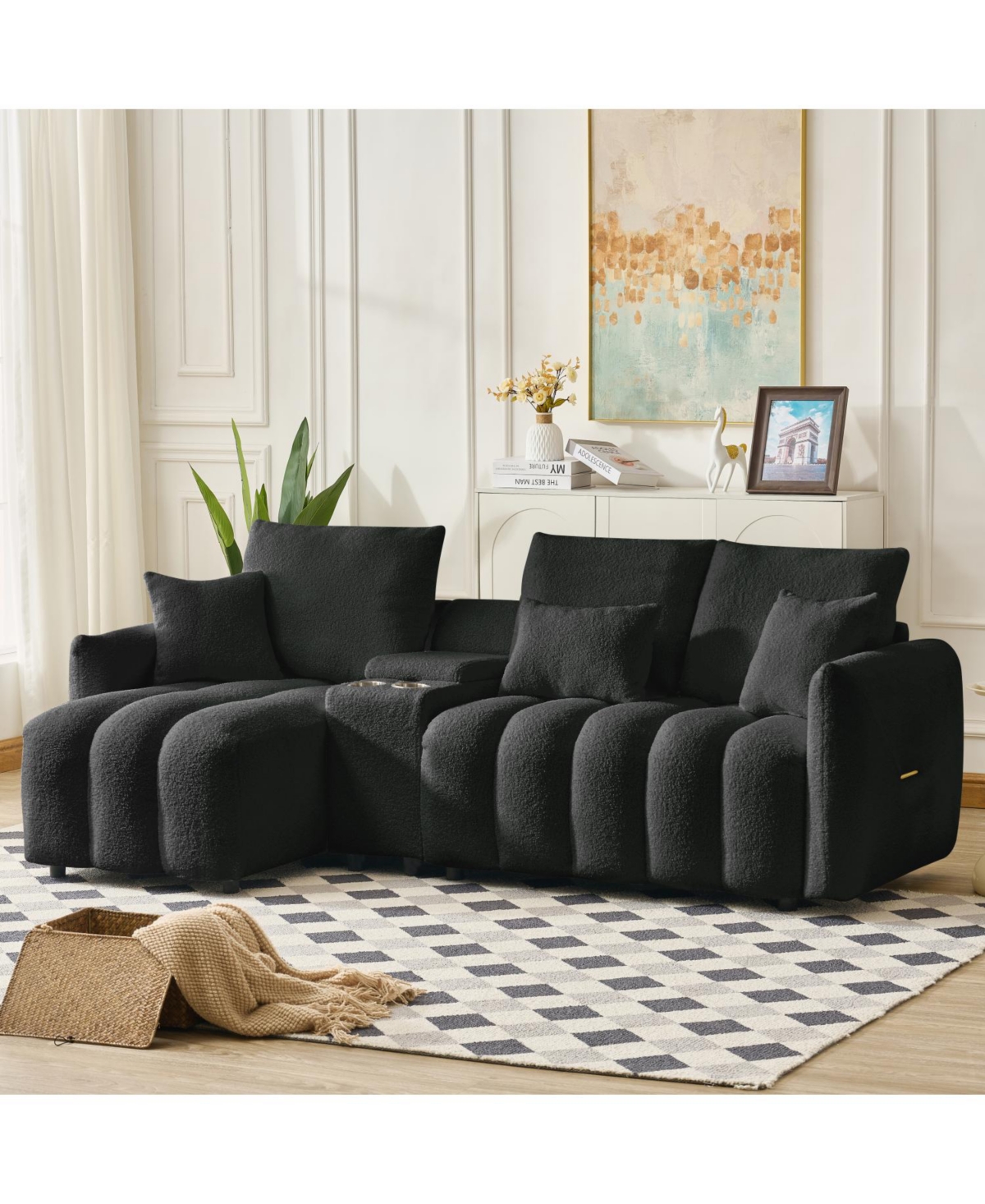 Streamdale Furniture Teddy Fabric Sectional Sofa with Console, Usb & Cup Holder
