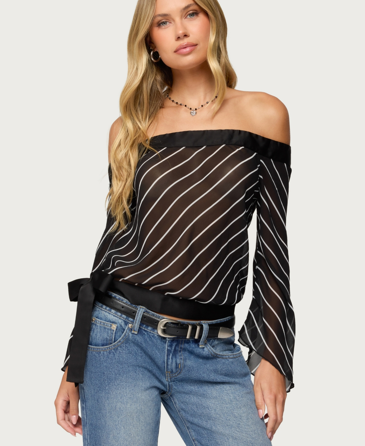 Edikted Women's Diagonal Striped Off Shoulder Chiffon Top