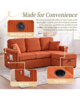 Streamdale L-Shaped Sectional Sofa w/ Storage Ottoman, USB, Cup Holder, Corduroy