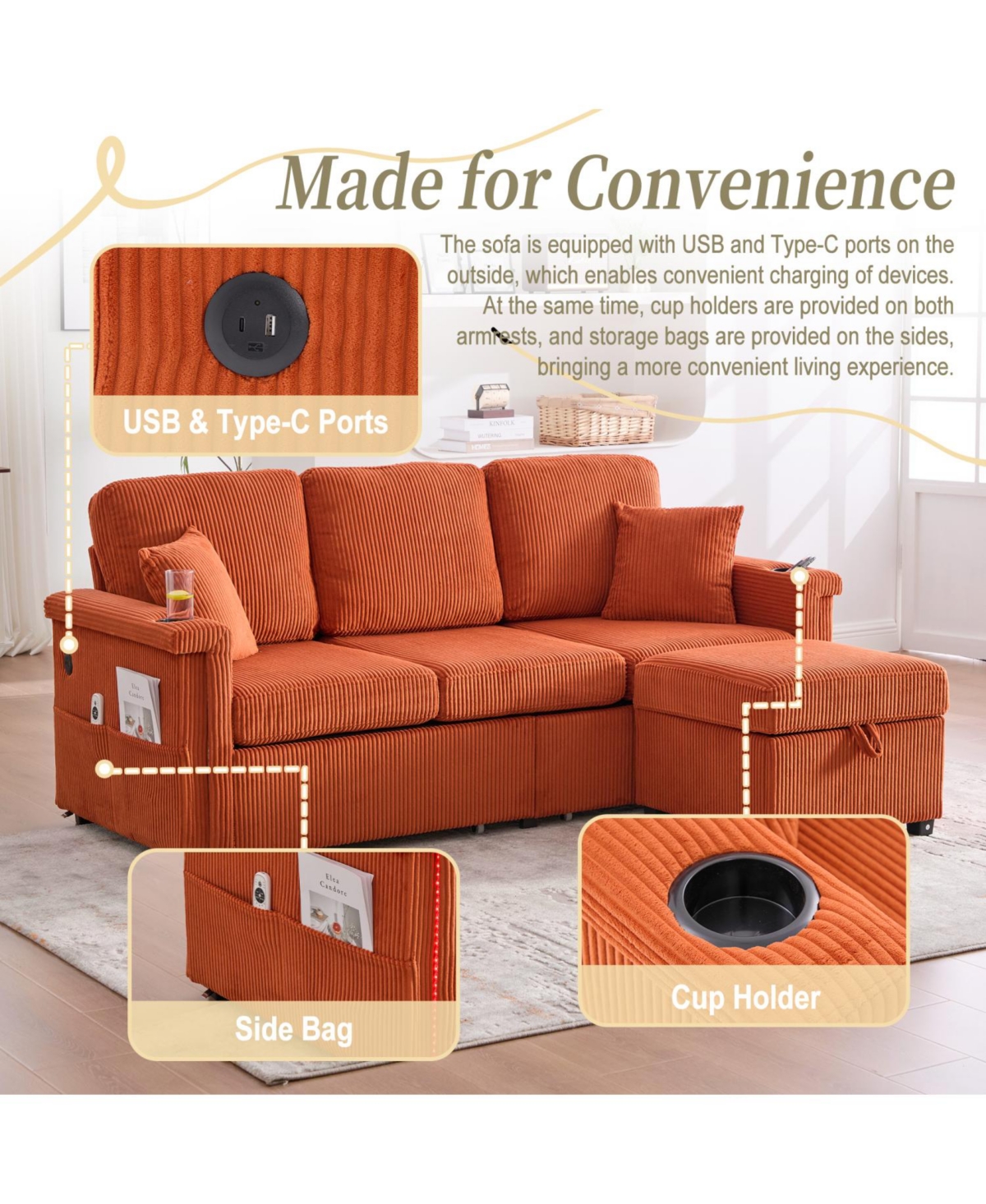 Streamdale L-Shaped Sectional Sofa w/ Storage Ottoman, Usb, Cup Holder, Corduroy