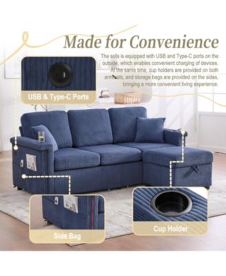 L-Shaped Sectional Sofa w/ Storage Ottoman, USB, Cup Holder, Corduroy