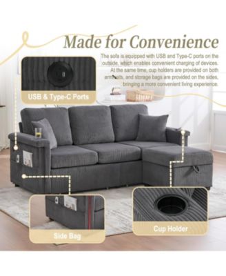 L-Shaped Sectional Sofa w/ Storage Ottoman, USB, Cup Holder, Corduroy