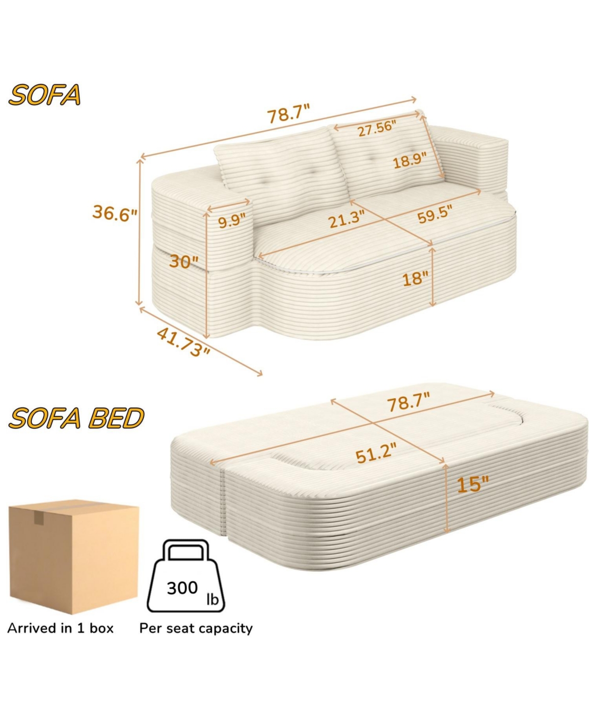 Streamdale Furniture 78.7" Foldable Corduroy Sofa Bed with Blanket & Pillows