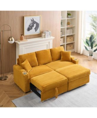  80" Corduroy Sofa with Reclining, Footstool, Cup Holders