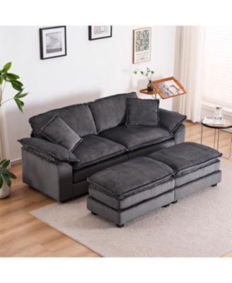 Corduroy 2-Seat Sofa w/ Pillows & Ottomans
