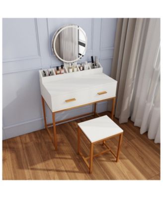 Streamdale White & Gold Vanity Set with Mirror, Stool, Drawers & Organizer