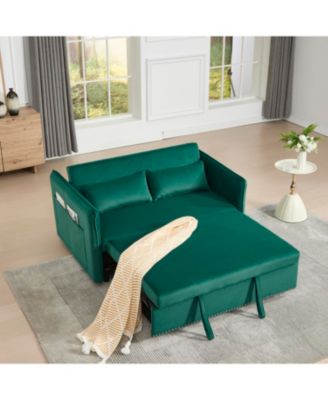55" Velvet Futon Sofa Bed with Pillows & Side Pockets
