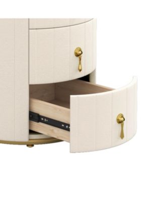 Upholstered Nightstand 2 Set, 3 Drawers, Round, Beige