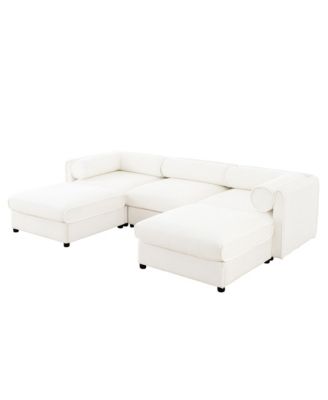 White Chenille Sofa with Storage Ottoman
