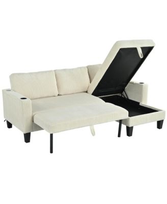Reversible Corduroy Sectional Sofa with Storage Chaise & USB
