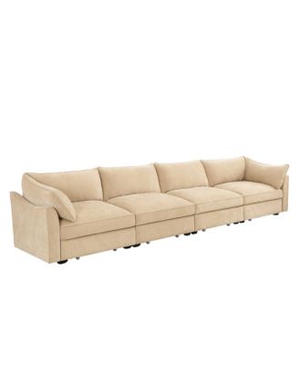  Chenille 4-Seater Sofa w/ Underseat Drawers & Crescent Arms - Wheat