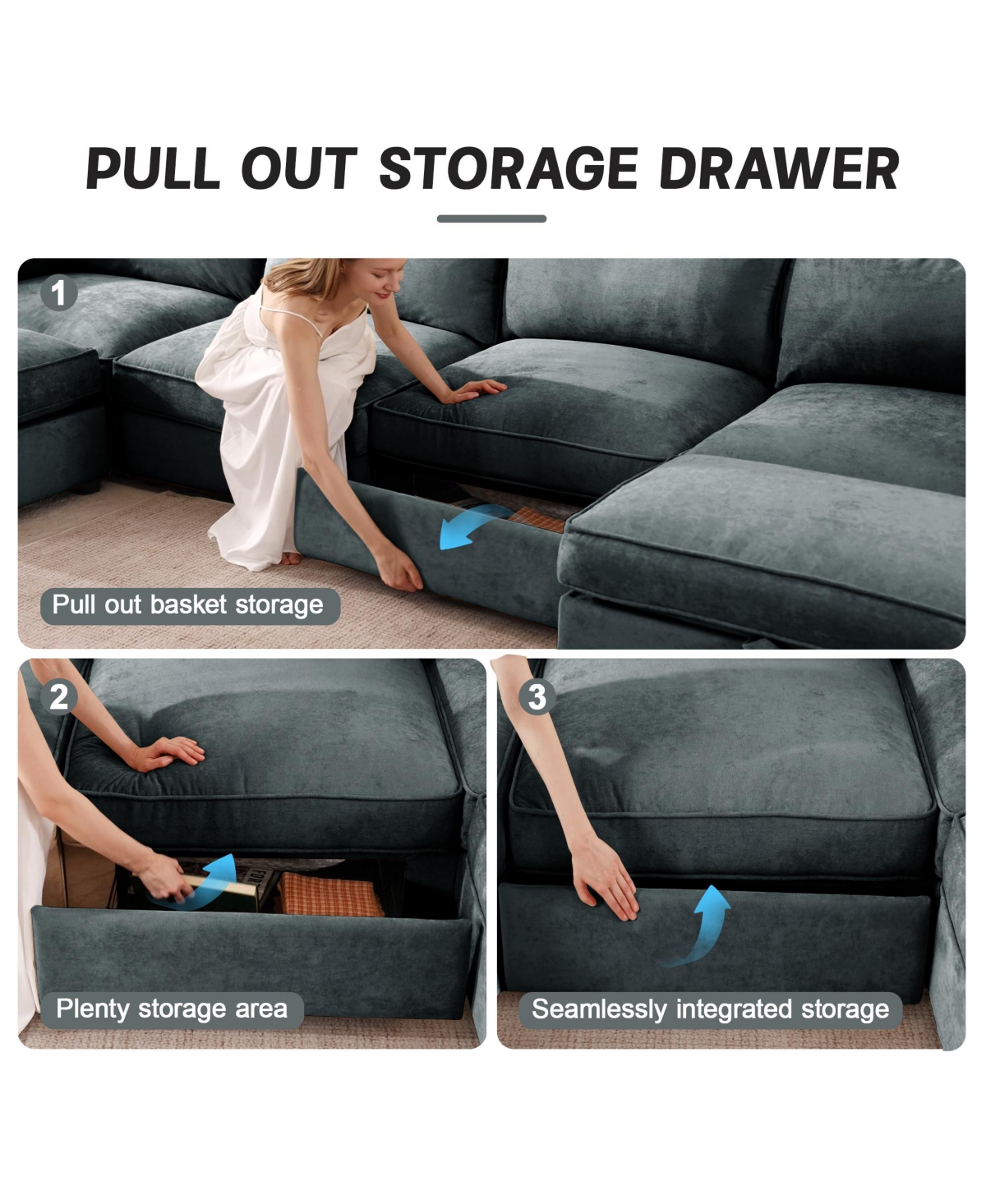 Streamdale Furniture U Shape 4 Seater Sofa with Ottomans & Storage - Chenille Gary