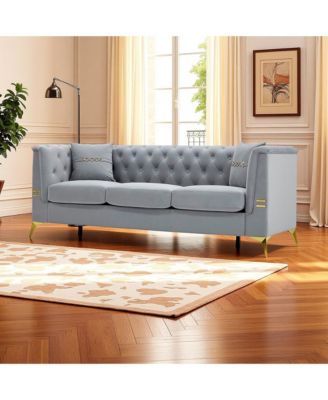 Tufted Velvet Sofa, 82" 3-Seater Couch, Gold Legs