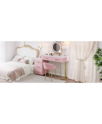 Velvet Vanity Desk Set, Marble Top, Adjustable Storage, Pink
