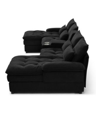 130" U-Shaped Sofa with Console, Cupholders, Sleeper & Chaise (Black)